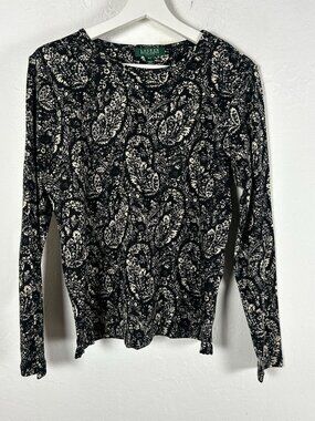 Lauren Ralph Lauren Womens Paisley Black Long Sleeve Pullover Top Petite Large